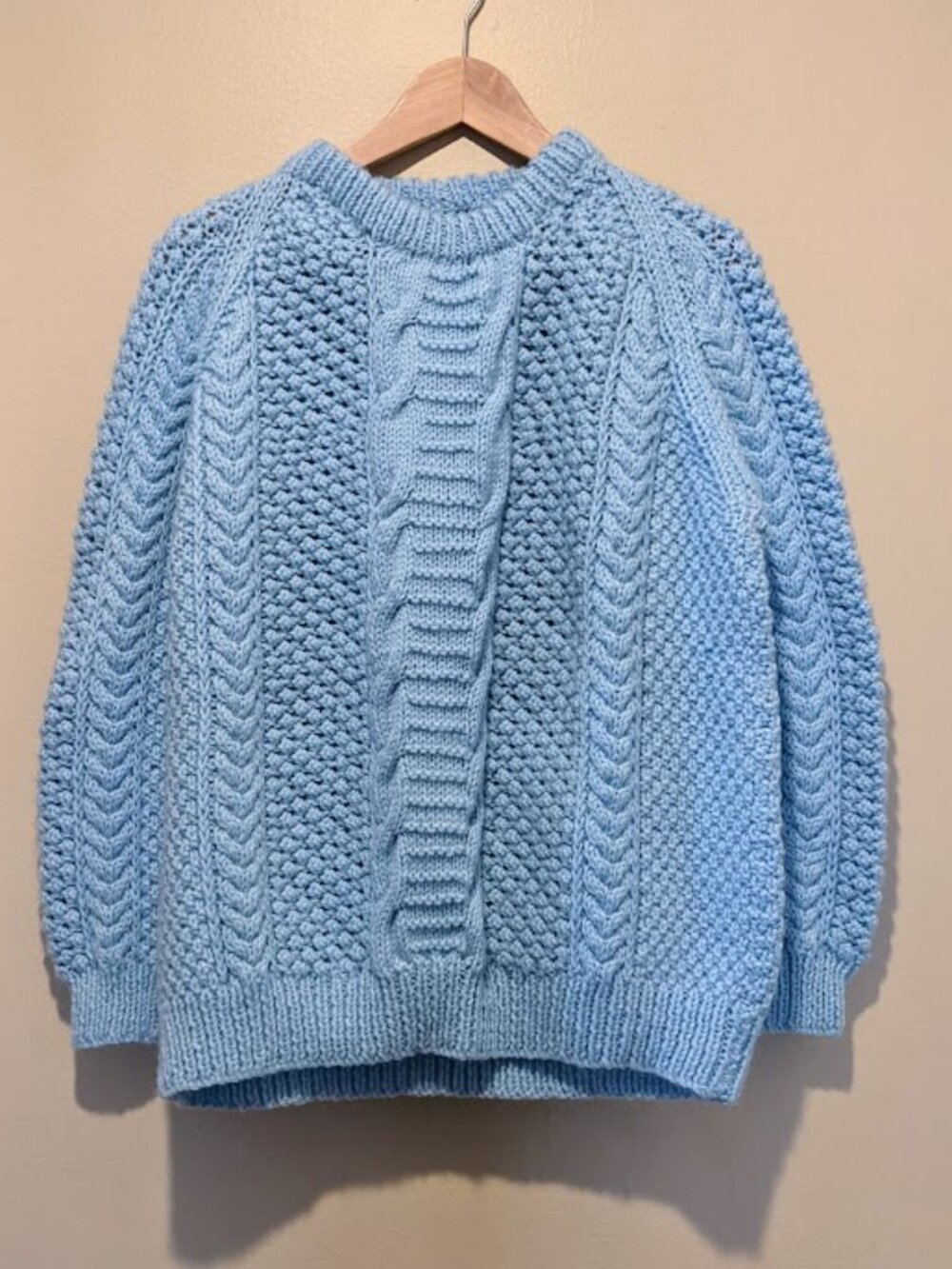 Vintage Hand-Knit Aran Fisherman Sweater Light Blue Cable Knit Chunky Pullover